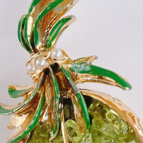 Vintage Mid Century Tropical Brooch Green Glass Nugget Enamel Gold Tone Pin - Picture 4 of 10